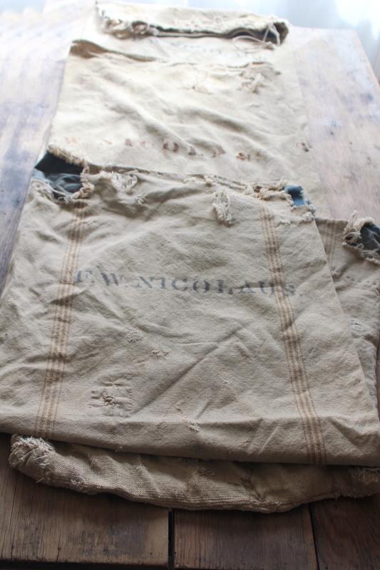 photo of rustic vintage cotton grain sacks, coffee brown stripe feed bags patched primitive antique fabric #15