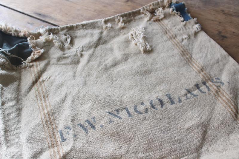 photo of rustic vintage cotton grain sacks, coffee brown stripe feed bags patched primitive antique fabric #18