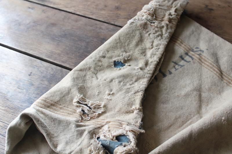 photo of rustic vintage cotton grain sacks, coffee brown stripe feed bags patched primitive antique fabric #19