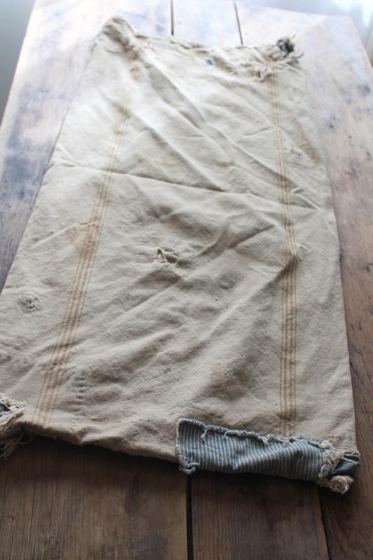 photo of rustic vintage cotton grain sacks, coffee brown stripe feed bags patched primitive antique fabric #20