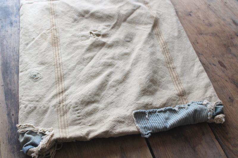 photo of rustic vintage cotton grain sacks, coffee brown stripe feed bags patched primitive antique fabric #21