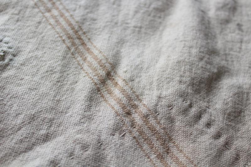 photo of rustic vintage cotton grain sacks, coffee brown stripe feed bags patched primitive antique fabric #22