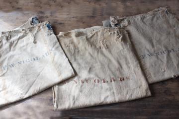 catalog photo of rustic vintage cotton grain sacks, coffee brown stripe feed bags patched primitive antique fabric