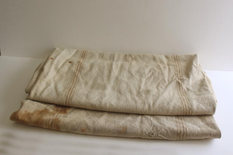 photo of rustic vintage cotton grain sacks, coffee brown stripe feed bags patched primitive antique fabric #1