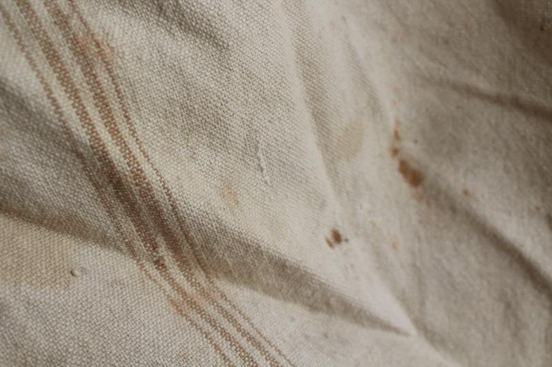 photo of rustic vintage cotton grain sacks, coffee brown stripe feed bags patched primitive antique fabric #7