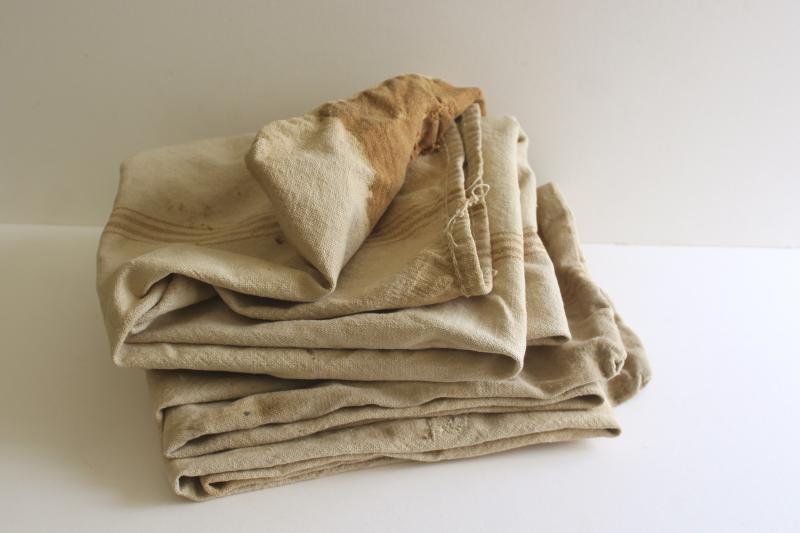 photo of rustic vintage cotton grain sacks, coffee brown stripe feed bags patched primitive antique fabric #8