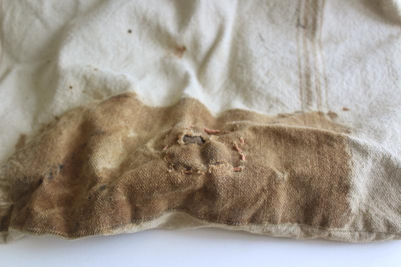 photo of rustic vintage cotton grain sacks, coffee brown stripe feed bags patched primitive antique fabric #10