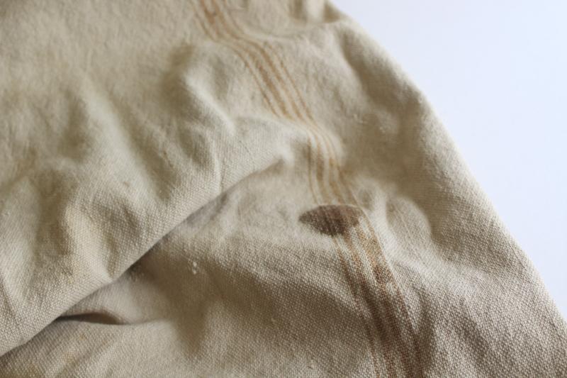 photo of rustic vintage cotton grain sacks, coffee brown stripe feed bags patched primitive antique fabric #13