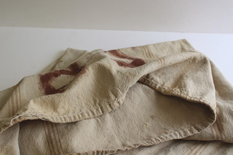 photo of rustic vintage cotton grain sacks, coffee brown stripe feed bags patched primitive antique fabric #14