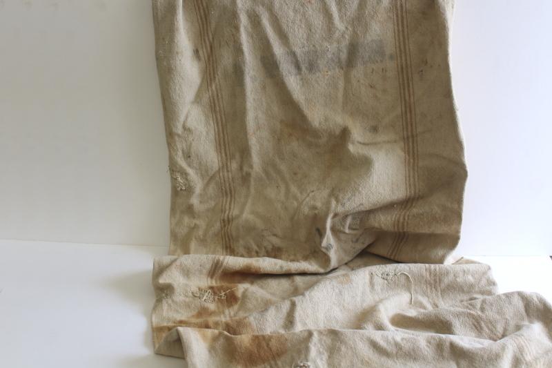 photo of rustic vintage cotton grain sacks, coffee brown stripe feed bags patched primitive antique fabric #15