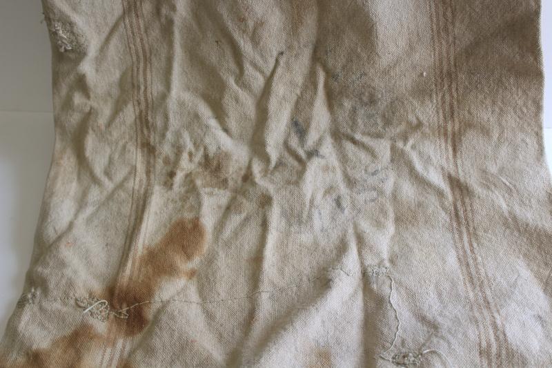 photo of rustic vintage cotton grain sacks, coffee brown stripe feed bags patched primitive antique fabric #16