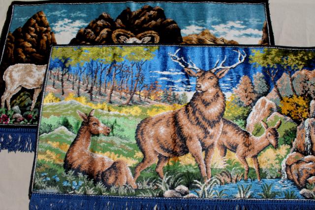 photo of rustic vintage deer & mountain goat wall hangings, fringed plush carpet tapestry pictures #1