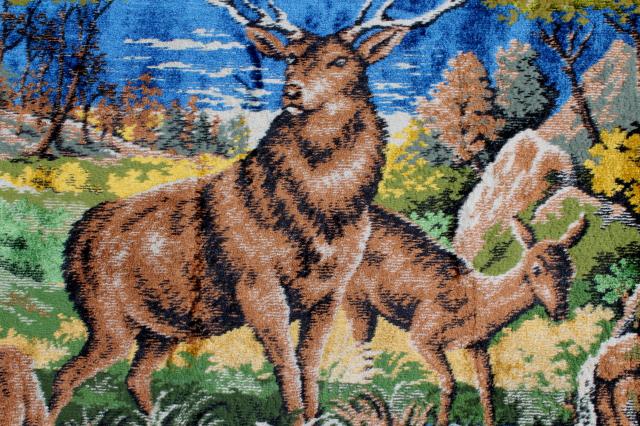 photo of rustic vintage deer & mountain goat wall hangings, fringed plush carpet tapestry pictures #2