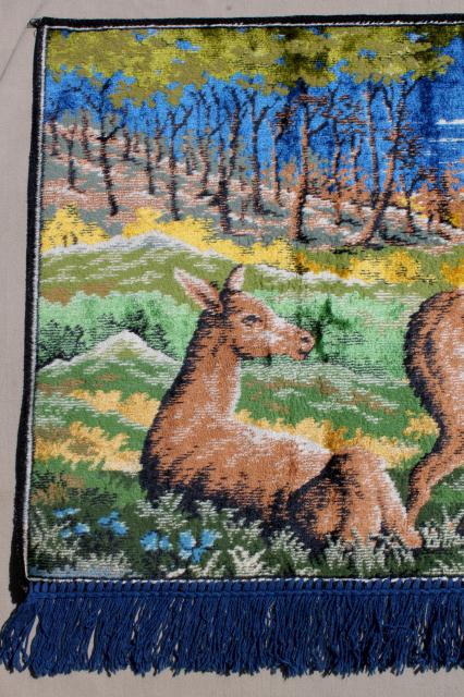 photo of rustic vintage deer & mountain goat wall hangings, fringed plush carpet tapestry pictures #4