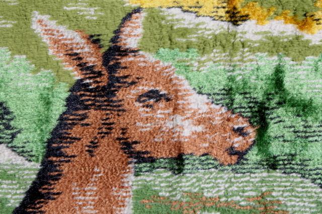 photo of rustic vintage deer & mountain goat wall hangings, fringed plush carpet tapestry pictures #5