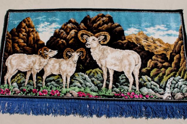 photo of rustic vintage deer & mountain goat wall hangings, fringed plush carpet tapestry pictures #8