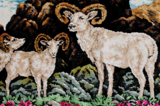 photo of rustic vintage deer & mountain goat wall hangings, fringed plush carpet tapestry pictures #9