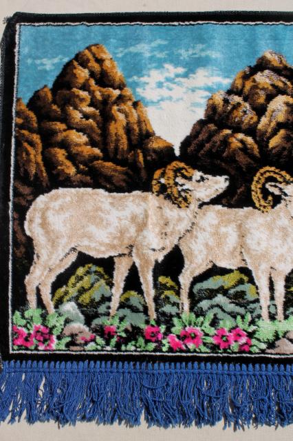 photo of rustic vintage deer & mountain goat wall hangings, fringed plush carpet tapestry pictures #10