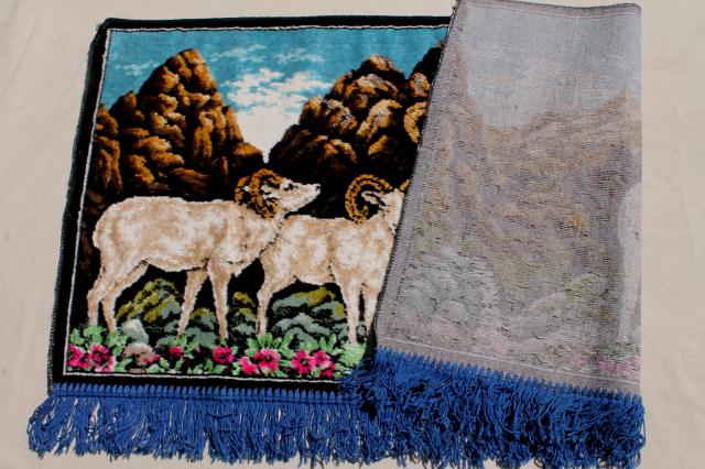 photo of rustic vintage deer & mountain goat wall hangings, fringed plush carpet tapestry pictures #14