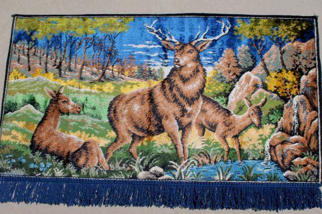 photo of rustic vintage deer & mountain goat wall hangings, fringed plush carpet tapestry pictures #15