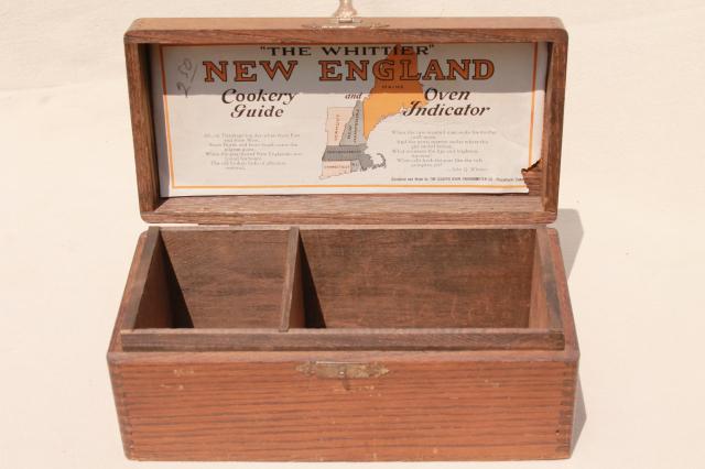 photo of rustic vintage dovetailed wood boxes, recipe card file & antique kitchen stove tool box #2