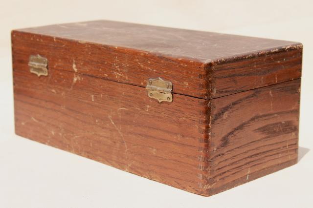 photo of rustic vintage dovetailed wood boxes, recipe card file & antique kitchen stove tool box #5