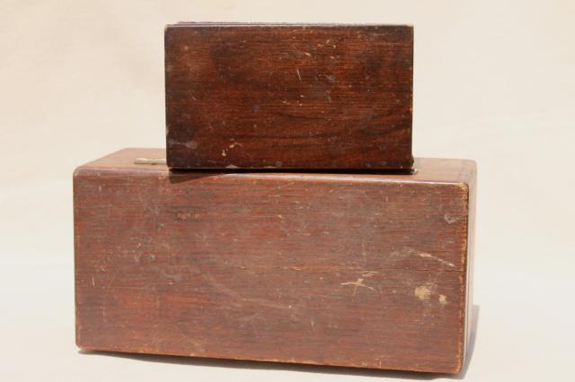 photo of rustic vintage dovetailed wood boxes, recipe card file & antique kitchen stove tool box #7