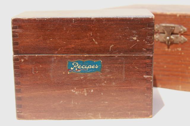 photo of rustic vintage dovetailed wood boxes, recipe card file & antique kitchen stove tool box #8