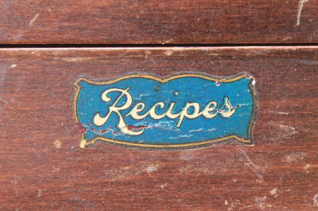 photo of rustic vintage dovetailed wood boxes, recipe card file & antique kitchen stove tool box #11