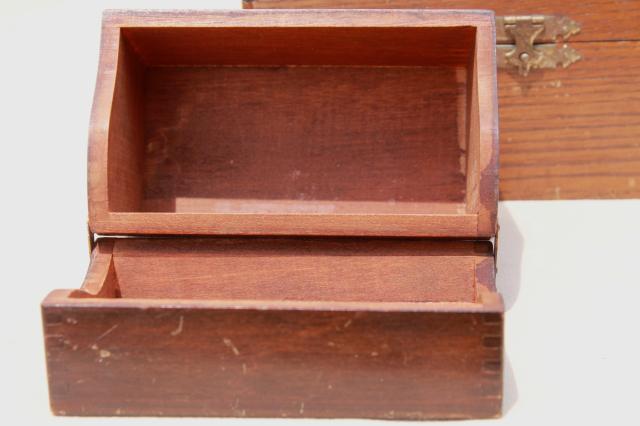 photo of rustic vintage dovetailed wood boxes, recipe card file & antique kitchen stove tool box #12