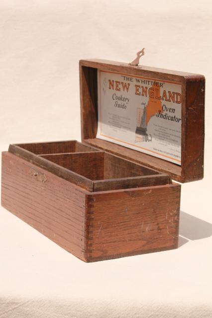 photo of rustic vintage dovetailed wood boxes, recipe card file & antique kitchen stove tool box #15