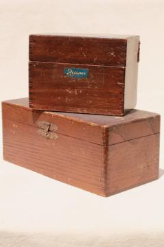 catalog photo of rustic vintage dovetailed wood boxes, recipe card file & antique kitchen stove tool box