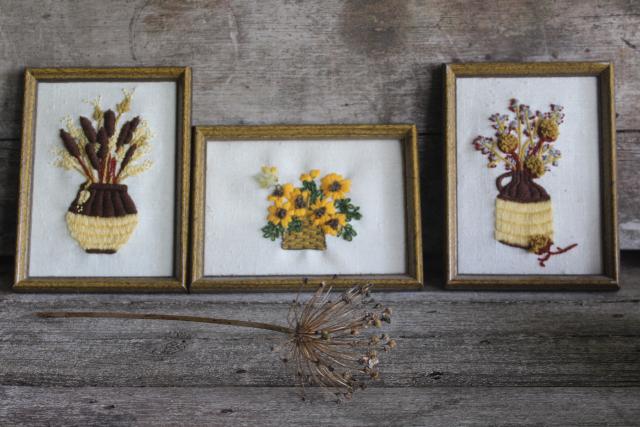 photo of rustic vintage fall decor, vintage crewel embroidery wildflowers, wood framed pictures #1