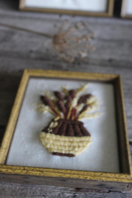 photo of rustic vintage fall decor, vintage crewel embroidery wildflowers, wood framed pictures #2