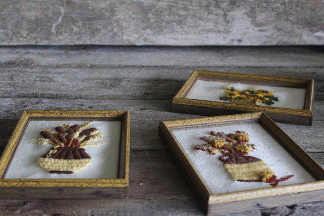 photo of rustic vintage fall decor, vintage crewel embroidery wildflowers, wood framed pictures #6