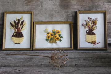 catalog photo of rustic vintage fall decor, vintage crewel embroidery wildflowers, wood framed pictures