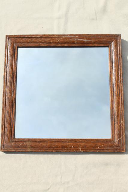 photo of rustic vintage farmhouse mirror, square solid oak wood frame w/ original antique glass #3