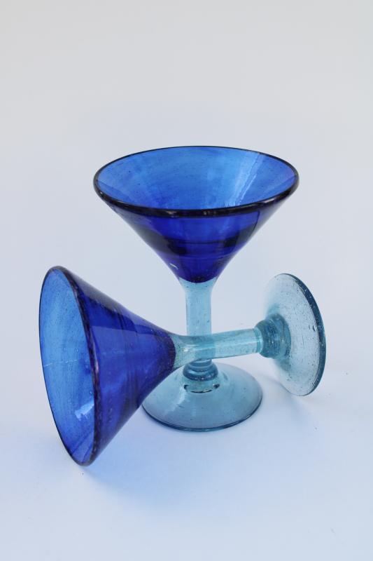 photo of rustic vintage hand blown glass cocktail glasses, ocean blues aqua & cobalt blue #2