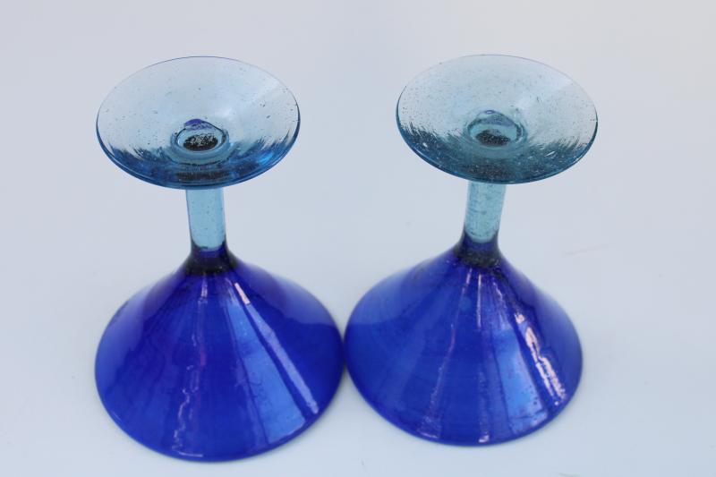 photo of rustic vintage hand blown glass cocktail glasses, ocean blues aqua & cobalt blue #3