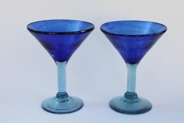 catalog photo of rustic vintage hand blown glass cocktail glasses, ocean blues aqua & cobalt blue
