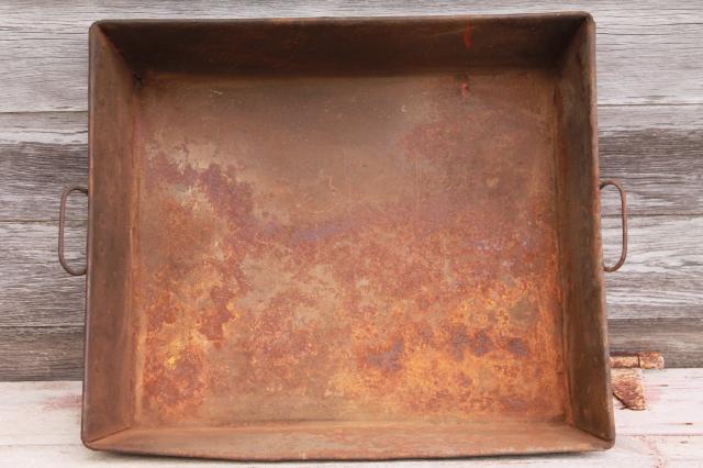 photo of rustic vintage heavy steel pan w/ tray handles, antique steampunk industrial decor #8