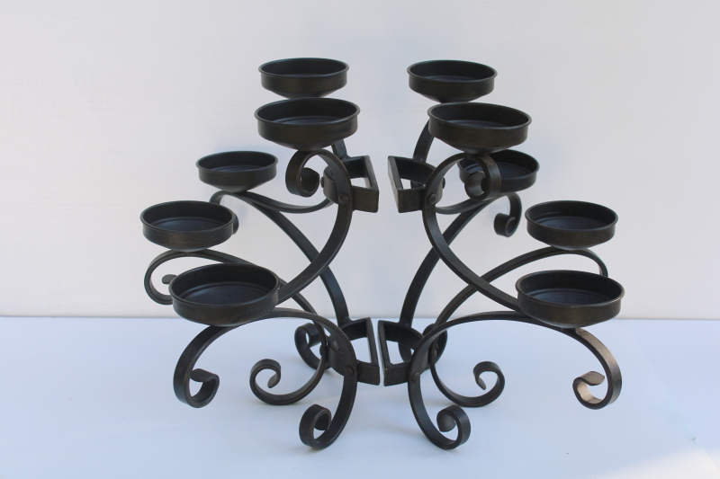 photo of rustic vintage iron wall sconces or freestanding table candelabra, pair of large candle holders  #1