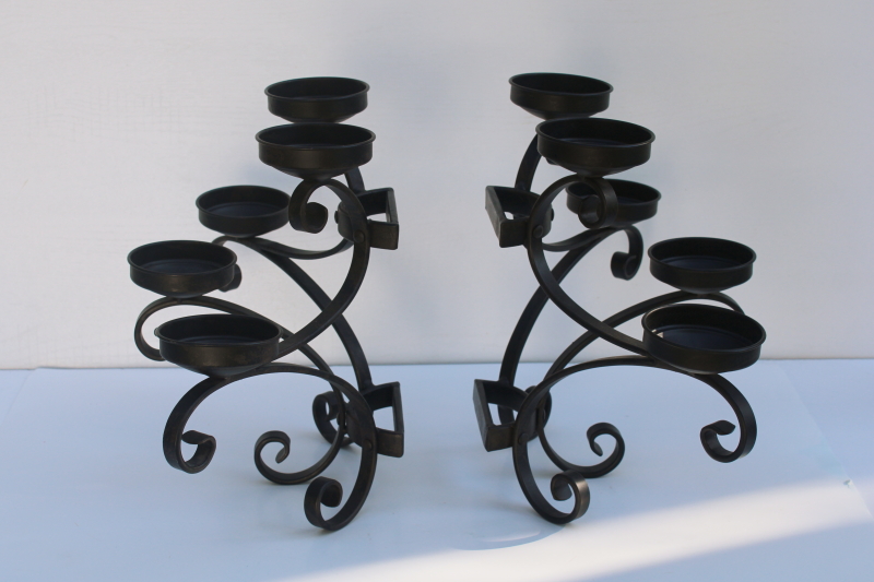 photo of rustic vintage iron wall sconces or freestanding table candelabra, pair of large candle holders  #7