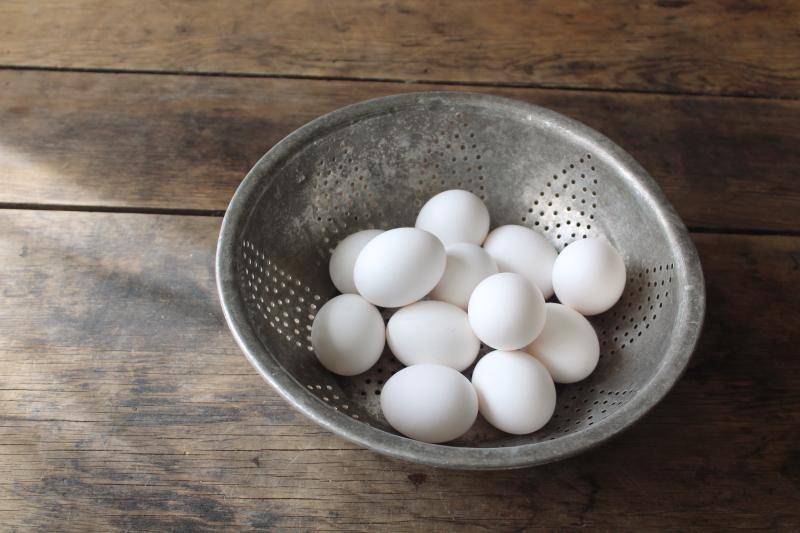 photo of rustic vintage metal colander bowl / strainer, farmhouse style tin egg basket #1