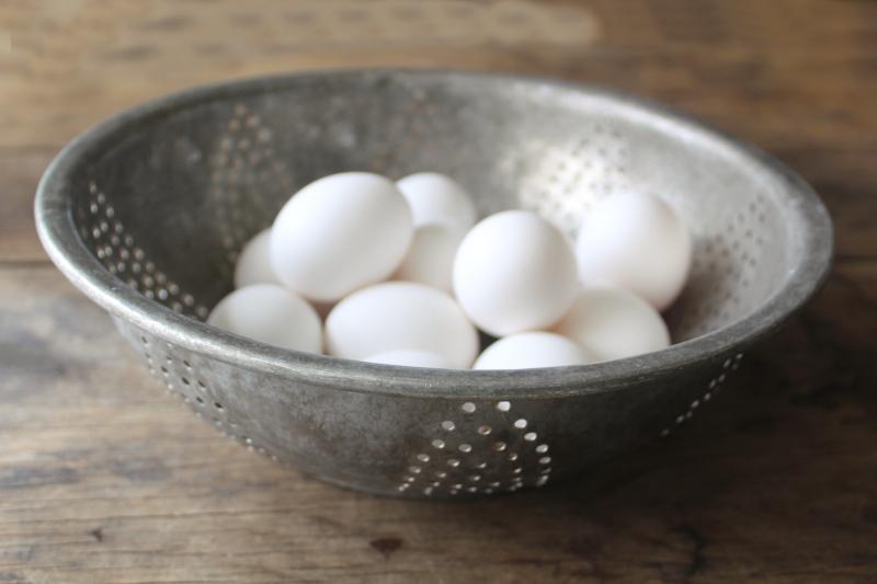 photo of rustic vintage metal colander bowl / strainer, farmhouse style tin egg basket #2