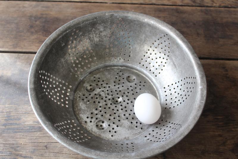 photo of rustic vintage metal colander bowl / strainer, farmhouse style tin egg basket #3