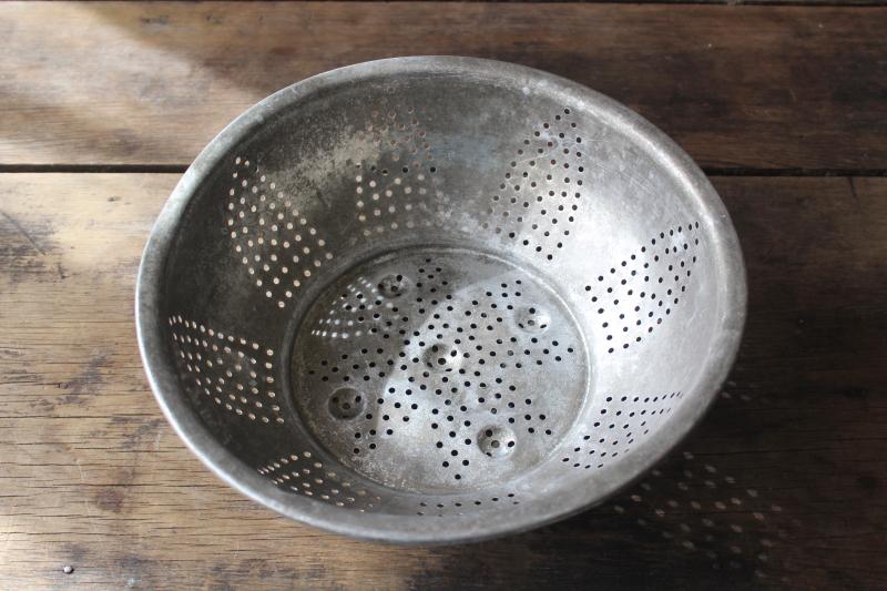 photo of rustic vintage metal colander bowl / strainer, farmhouse style tin egg basket #8