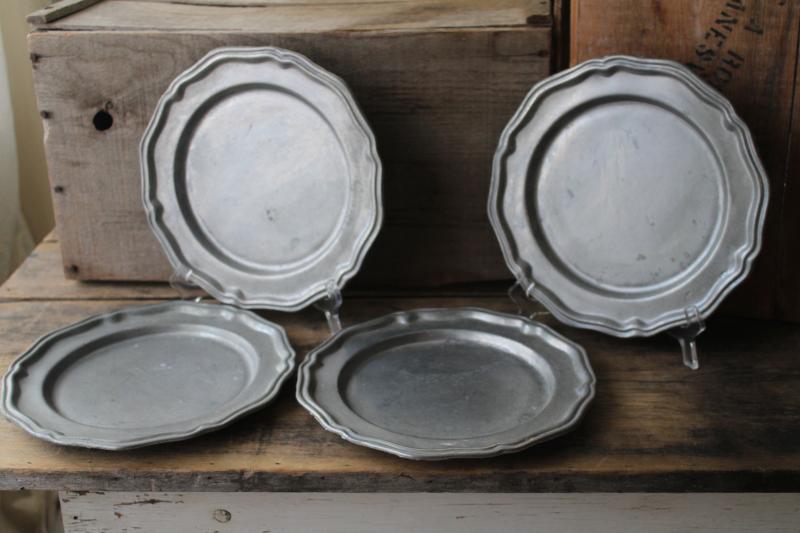 photo of rustic vintage pewter dinner plates, Crown Castle dull silver cast metal ware #1