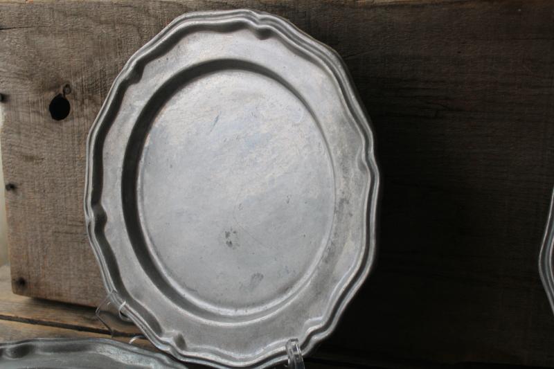 photo of rustic vintage pewter dinner plates, Crown Castle dull silver cast metal ware #4