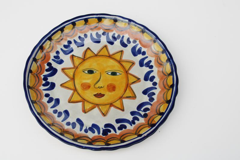 photo of rustic vintage pottery bowl w/ hand painted sun face, unmarked Mexico or Spain #1